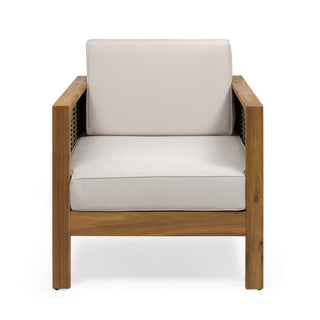 Outdoor Acacia Wood Club Chair with Wicker Accents, Teak Finish + Mixed Brown + Beige, 30.25'D x 27.5'W x 23.75'H