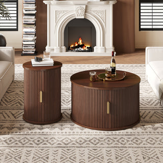 Walnut Mid-Century Nesting Coffee Table Set with Sliding Tambour Door - 2-Piece Fluted Storage Tables