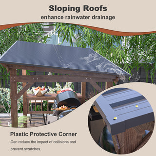 Title
13' x 6.5' Wooden Pergola Grill Gazebo with Metal Roof & Bulbs & Bar Counters
