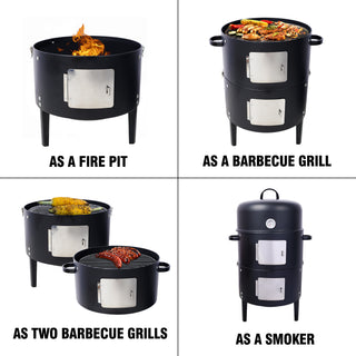 Heavy Duty Round BBQ Grill 17 Inch Steel Charcoal Smoker for Outdoor Cooking, Black