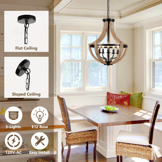 19 inch Farmhouse Chandelier, 5-Light Solid Wood, Brown