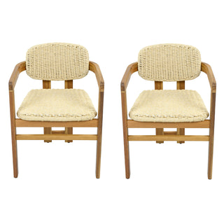 Outdoor Woven Rattan Chair Set Two Accent Chairs Stylish Armchairs for Patio Garden Teak Finish+Natural Rattan Acacia Wood Frame 2 Person Seating Group