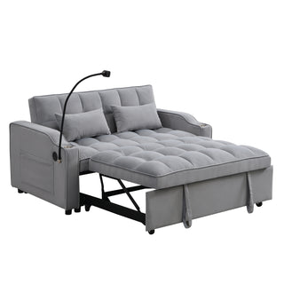 Modern Velvet Loveseat Futon Sofa Couch with Pullout Bed, Adjustable Backrest, Toss Pillows, Light Gray