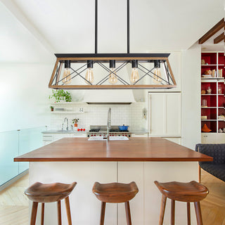 32" Walnut Industrial 5-Light Pendant Chandelier – Modern Metal Cage Hanging Light with Adjustable Height for Dining Room, Kitchen & Living Room (No Bulbs)