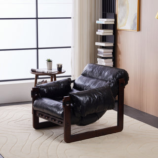 Medieval Modern Lounge Chair – Vintage Oil Wax Leather Sofa Chair with Removable Armrests, Antique Black Decorative Accent Chair
