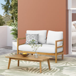 Outdoor Acacia Wood Loveseat and Coffee Table Set with Cushions, Light Teak and White
