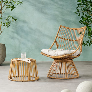 2-Piece Rattan Patio Set with Club Chair and Side Table, Beige and Light Brown