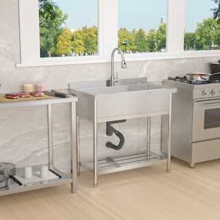 Stainless Steel Freestanding Utility Sink with Pull-Out Faucet, Large Single Bowl, Brushed Nickel, 21'D x 36'W x 35.5'H