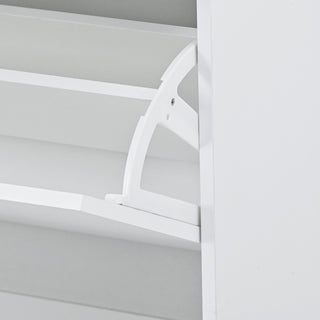 [VIDEO provided] ON-TREND Slim Entryway Organizer with 2 Flip Drawers, Tempered Glass Top Shoe Storage Cabinet with Drawer, Free Standing Tipping Bucket Shoe Rack with LED Light for Hallway, White