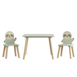 Sloth-Themed Kids Table and Chair Set with 2 Cute Animal Chairs, Wooden Activity Table in Sage Green & Natural Wood for Playroom, Bedroom, Classroom – Engineered Wood