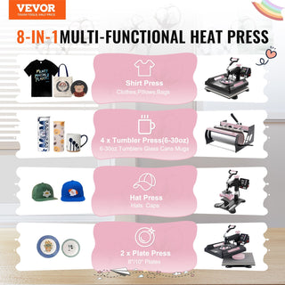 8 in 1 Heat Press Machine 15x15 in 30oz Tumbler Press T-Shirts Black