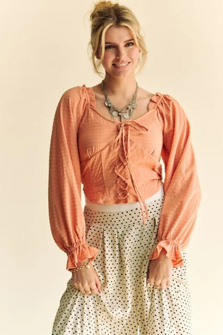 Davi & Dani Strap Front Corset Look Long Puff Sleeve Blouse