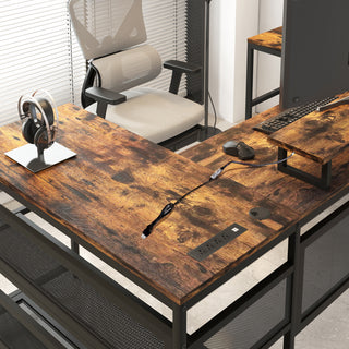 U Shaped Desk with Power Outlets and LED Strip & Monitor Stand, L Shaped Desk with Storage Shelf, Home Office Gaming Desk, Vintage