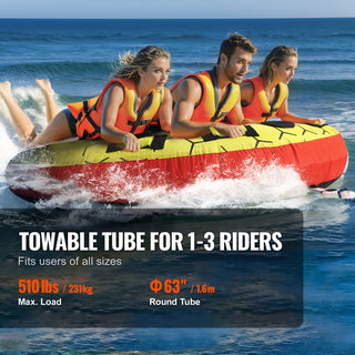 Towable Tube for Boating, 1-3 Riders Inflatable Boat Tubes and Towables, 510 lbs, 63' Round Water Sport Towable Tubes for Boats to Pull, Full Nylon Cover, EVA Grab Handles and Speed Safety Valve
