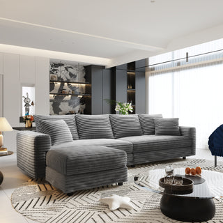 Plush Corduroy 4-Seat Sofa with Ottoman – 102.4” Modern Cloud Couch, Deep Seat Upholstered Sofa, Grey
