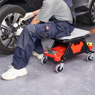 Mechanics Stool, 300 LBS Capacity Rolling Mechanic Seat with 4' Wheels, with Three Slide Out Tool Trays and Drawer, Heavy Duty Roller Creeper Seat for Home Garage DIY Automotive