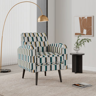 Darien Accent Arm Chair in Yellow, Olive and Navy Stripe Pattern with Dark Brown Solid Wood Legs