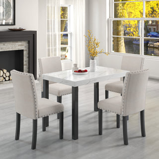 5-Piece Dining Set – Imitation Marble Tabletop with Solid Wood Table & 4 Chairs, Space-Saving Kitchen & Dining Room Furniture Set