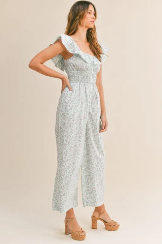 MABLE Floral Print Ruffled Cap Sleeve Jumpsuit