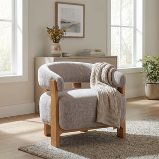 Mid-century modern boucle accent chair in cream with solid wood frame