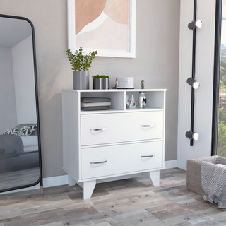 Portanova White 2-Drawer Dresser with Open Shelves and Superior Top