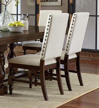 Dark Oak Dining Chairs Set of 2 - Cream Upholstered High Back Side Chairs with Nailhead Trim - Modern Wooden Kitchen Furniture - Heavy Duty Padded Dining Room Chairs