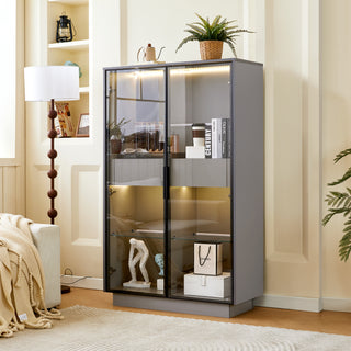60.6'' Glass Door Display Cabinet with LED Lighting - Modern Grey Bookcase and Pantry