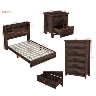4-Pieces Bedroom Sets Queen Size Vintage Wooden Bed Frame with 2 Nightstands and 1 Dresser,Dark Walnut
