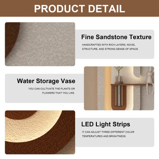 Adjustable LED Sandstone Wall Decor with Simulated Green Plants - 3D Art Sculpture with Glass Vase &amp; Rabbit Statue - Remote Control Cordless Wall Sconce - Nature-Inspired 3D Wall Art for Living Room &amp; Office