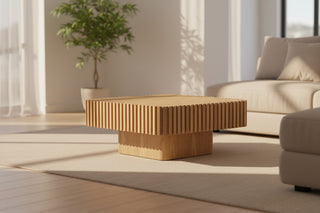 Modern 35.43" Handcraft Natural Wood Drum Coffee Table - Square Pedestal Center Tabl