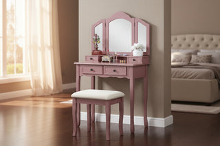 Sanlo Wooden Vanity Makeup Table and Stool Set in Rose Gold - Modern Tri-Fold Mirror Dressing Table with 4 Drawers
