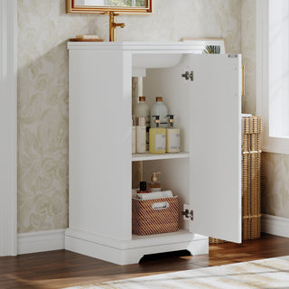 16-inch Bathroom Vanity with Ceramic Sink, Freestanding Single Vanity Set with Soft Closing Door, Adjustable Shelf, French Style, White