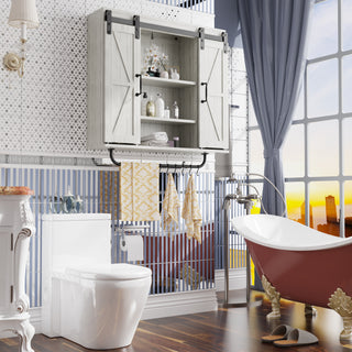 Rustic Wood Wall Storage Cabinet with Two Sliding Barn Doors, 3-Tier Farmhouse Vintage Cabinet for Kitchen, Dining, Bathroom, Living Room – Vintage Gray