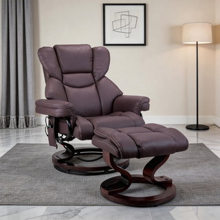 8-Point Massage Recliner with Ottoman, Heated Cat Scratch Leather  Reclining Chair ,Bent Wood Base, Indoor Lounge TV Chair with Footrest for Living Room and Bedroom, Brown