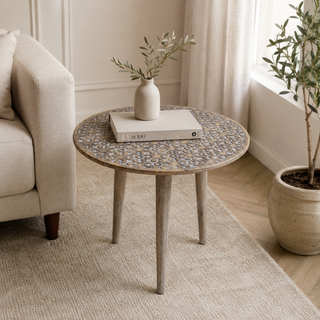 Handcrafted Mango Wood Round Accent Table Decorative Side Table with Carved Floral Pattern Top Knock Down End Table for Living Room, Bedroom & Entryway 21 x 21 x 22 Inches