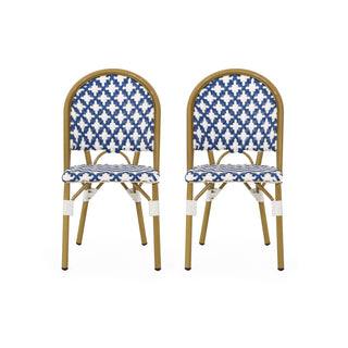 Elegant French Bistro Chair Set with Durable Aluminum Frame and Polyethylene Rattan in White and Navy