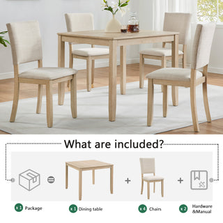 Modern 5-Piece Dining Table Set | 4-Person Wooden Dining Set in Light Oak & Beige