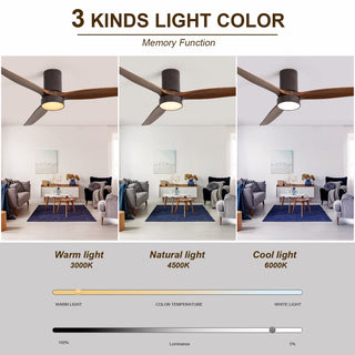 52-Inch Indoor Flush Mount Ceiling Fan with LED Light and Remote Control - Modern Low Profile Ceiling Fan for Bedroom, Living Room, and Office - Dimmable Quiet Reversible DC Motor Fan - 3CCT Color Selectable