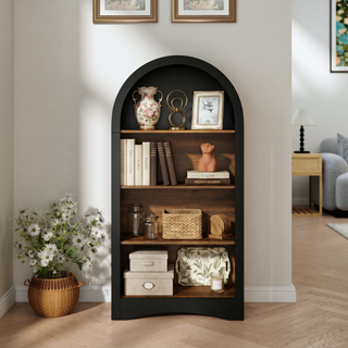 47' Freestanding Display Rack with Woodgrain Shelves, Arched Multifunctional Storage Cabinet, 4-Tier Open Shelf, Small Space Accent Bookcase for Living Room, Bedroom, Entryway,BLACK