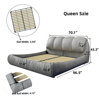 Queen Size Upholstered Platform Bed with Oversized Padded Backrest, Thickening Pinewooden Slats and Solid Wood Leg,Grey(New Sku:W1885S00020)
