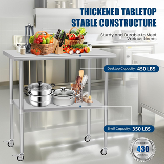Stainless Steel Work Table 24x36 Inches with Wheels | Commercial Metal Prep Table with Adjustable Undershelf