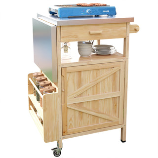 K&K 40.5" Outdoor Grill Cart – Solid Wood Rolling Kitchen Cart with Stainless Steel Top, Drop Leaf, Drawer, Towel Rack & Lockable Wheels for Patio, Lawn & Garden