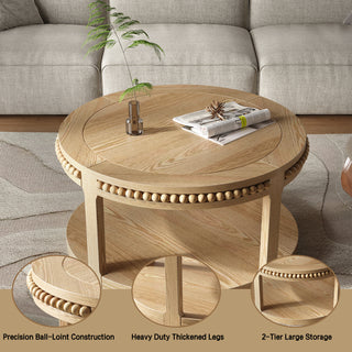 31.5 inch round two-tier solid wood coffee table in natural wood