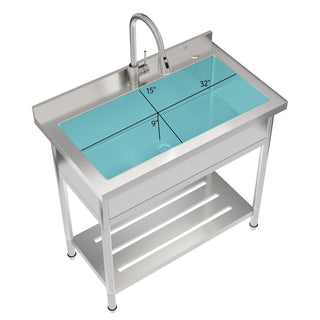 Stainless Steel Freestanding Utility Sink with Pull-Out Faucet, Large Single Bowl, Brushed Nickel, 21'D x 36'W x 35.5'H