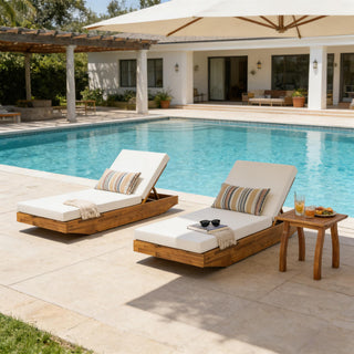 Acacia Wood Chaise Lounge with Cushion | Teak Finish Outdoor Recliner with Cream Water-Repellent Cushion | 79.6” L x 29” W, 300 lb Capacity