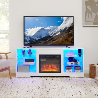 Electric Fireplace TV Stand with LED Lights & Glass Shelves, Modern Entertainment Center with 3D Fireplace Insert and USB Charging Port, Fits 32–62’’ TVs, White Wood Media Console (58’’W)