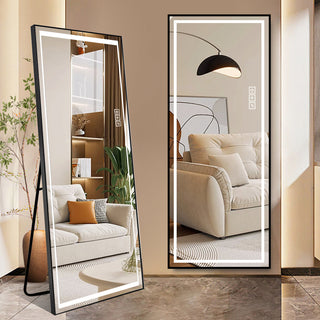 LED Full Length Mirror with Lights, Wide Standing Tall Full Size Mirror, Large Floor Mirror for Bedroom, Lighted Full Body Dressing Mirror with Stand Up Design