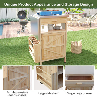 K&K 40.5" Outdoor Grill Cart – Solid Wood Rolling Kitchen Cart with Stainless Steel Top, Drop Leaf, Drawer, Towel Rack & Lockable Wheels for Patio, Lawn & Garden