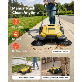 Walk-Behind Hand Push Floor Sweeper, Manual Floor Sweeper Non-Electric with 25.6' Sweeping Width, 5 Gallons Waste Container & Adjustable Folding Handle for Yards Walkways Patios Garages - Yellow