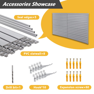 Heavy Duty PVC Slatwall Garage Organizer, 8ft x 4ft Section with 10 Panels, Industrial Strength Storage, Charcoal Dark Grey Color, Wall Mounted Tool Rack System